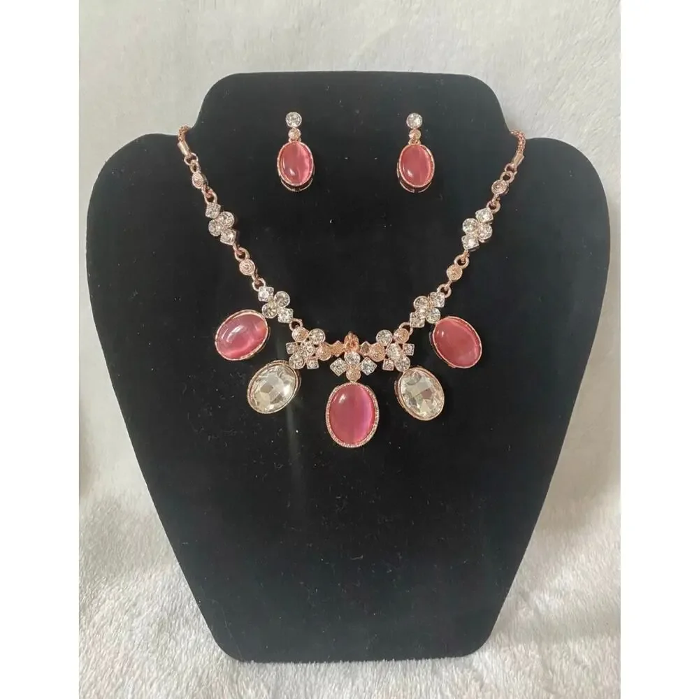 Pink Crystal Statement Necklace Set Rose Gold Tone Matching Earrings